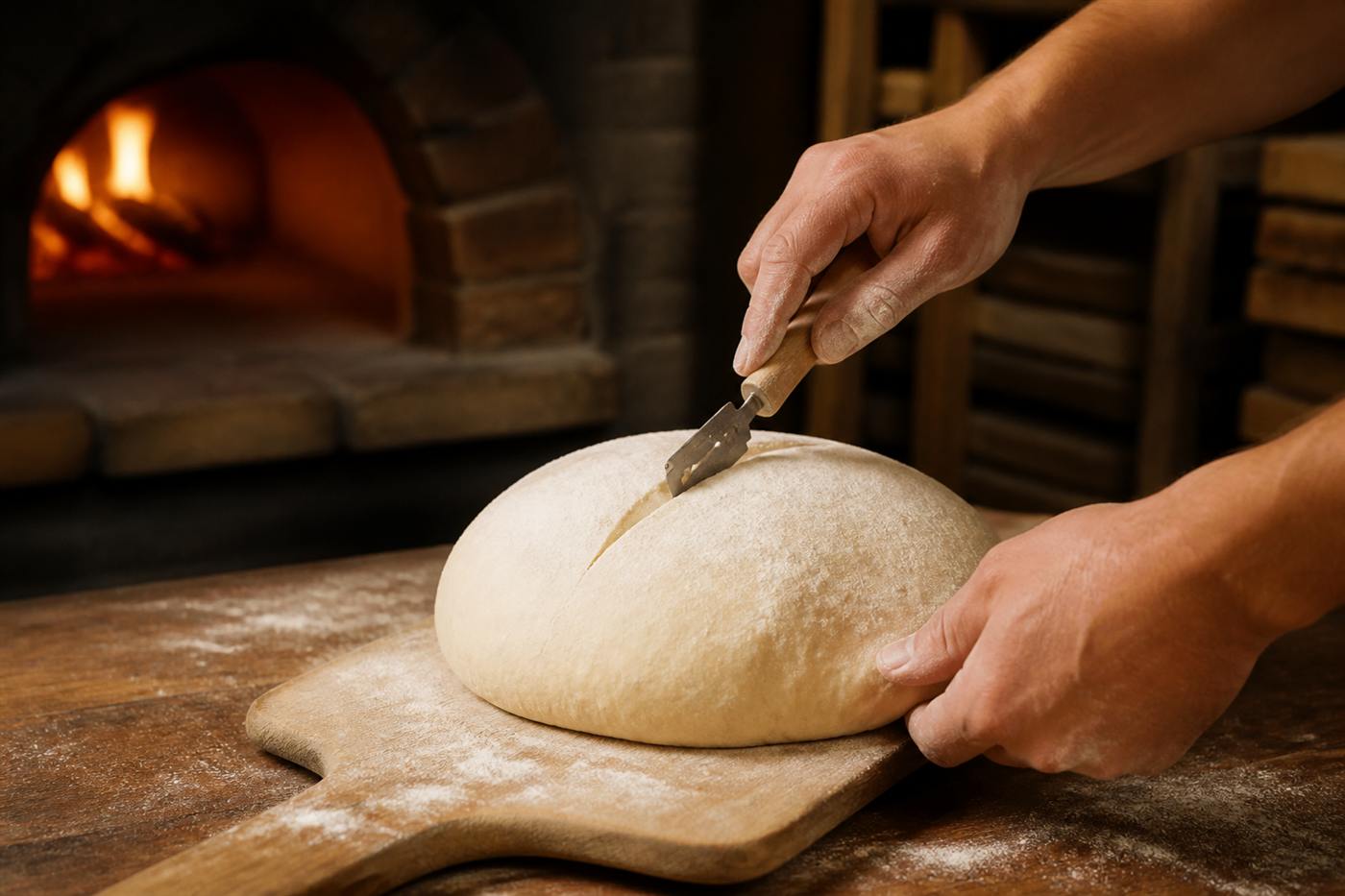 Warm bakery oven shelf with fresh loaves